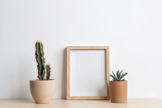 cactus plants and a contemporary desert colored vase are mocked up in a square wood frame. White wall with a white shelf. Copy space. Generative AI
