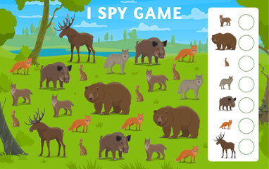 I spy game cartoon hunting forest animals and birds. Vector boardgame worksheet, guessing playing activity with , boar, bear, moose or elk, fox, hare and lynx standing on green lawn at summer wood
