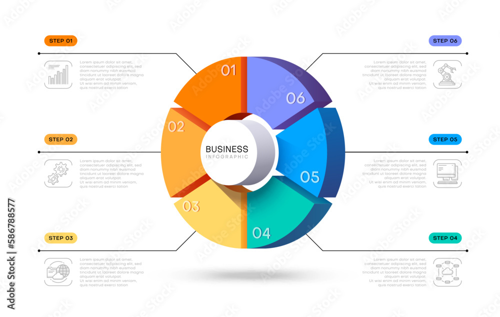 Aufkleber 3d business infographic vector circle pie chart. Informative diagram for corporate processes analysis and control. Data research and structuration. Visual materials for company report presentation