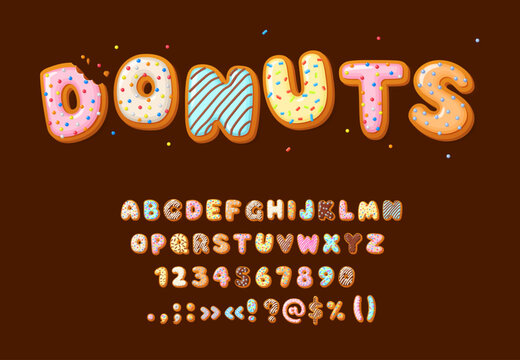 Donut font type, cartoon alphabet typeface letters, vector bakery sweet food numbers. Donut font alphabet with cookie cake candy or chocolate pastry typeset for birthday, typography and ABC text
