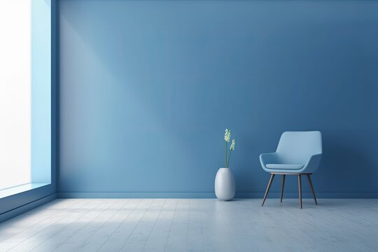 An empty blue room with a blue floor idea is home to a blue chair. Generative AI
