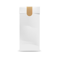 White paper package with sticker mockup. Isolated vector takeout bag for fast food, 3d pack template for identity or branding design. Realistic takeaway pouch mock up, blank box for coffee and tea