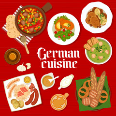 German cuisine menu cover, dinner and lunch food or restaurant poster, vector. German cuisine food menu with schnitzel, sauerkraut and pretzel bread, pork beer soup and schmorbraten pot