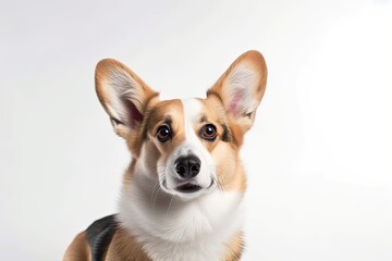 Looking towards the camera is a Pembroke Welsh Corgi dog. isolated against a white backdrop. Generative AI