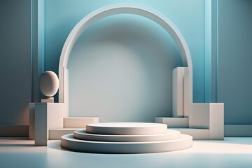 Product podium backdrop with spotlight on circular table. Elegant geometric abstract. Pastel neutral tabletop display. Generative AI
