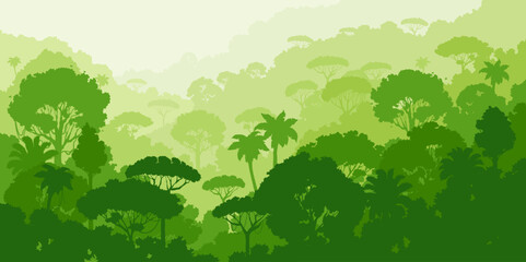 Jungle forest silhouette, tropical vector landscape with exotic flora, palm trees and hills. Rainforest vegetation, plants 2d cartoon wild forest natural parkland. Wildlife environment in green colors - obrazy, fototapety, plakaty