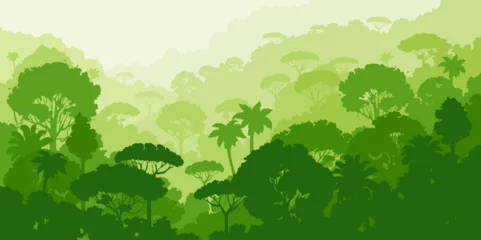 Poster Im Rahmen Jungle forest silhouette, tropical vector landscape with exotic flora, palm trees and hills. Rainforest vegetation, plants 2d cartoon wild forest natural parkland. Wildlife environment in green colors © Vector Tradition