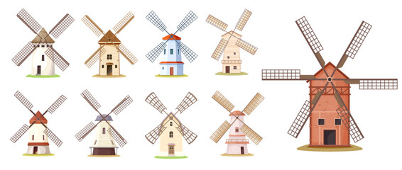 Cartoon wind mill buildings or windmill farm, isolated vector wooden or stone mills. Village and agriculture old windmill towers in rural country farm, Holland Dutch vintage wind mills with flour barn © Vector Tradition