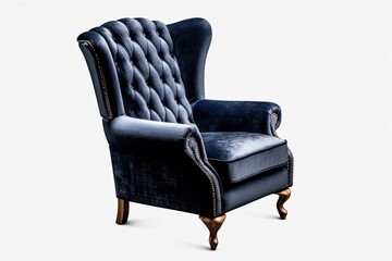 On a white background, a traditional high back armchair with navy blue velvet is isolated. many furniture types. Generative AI
