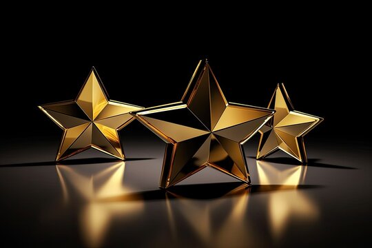Three gold stars represent the highest levels of customer satisfaction, service excellence, rating icon, success sign reward, and product assessment rating on a background of gold with an excellent vo