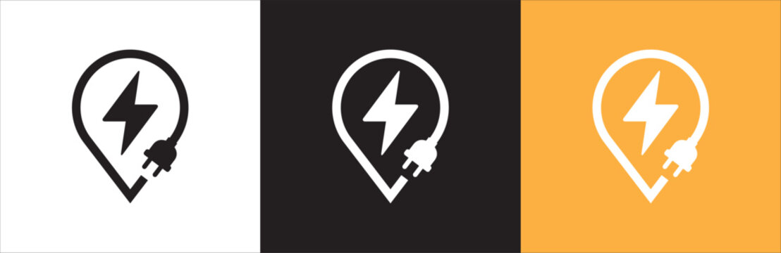 Electrical power icon. Electric power source sign. Lightning bolt inside pin map with electric plug image combination. Vector stock illustration. In color of black white and yellow background.