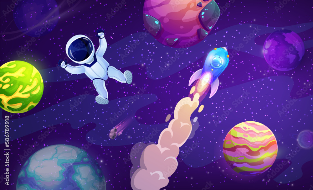 Poster rocket launch, cartoon astronaut in outer space and starry galaxy vector landscape. fantasy rocky pl