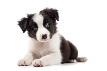 On a white background, an adorable border collie puppy poses. Generative AI - obrazy, fototapety, plakaty