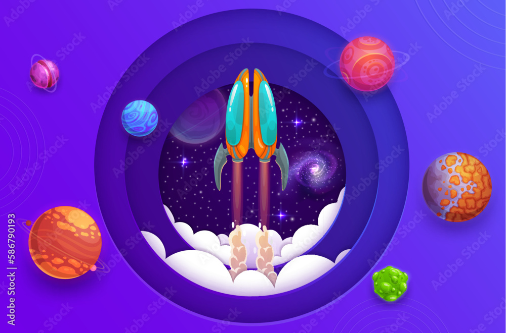 Poster space rocket launch. paper cut space landscape with planets, spaceship and starry galaxy sky in vect