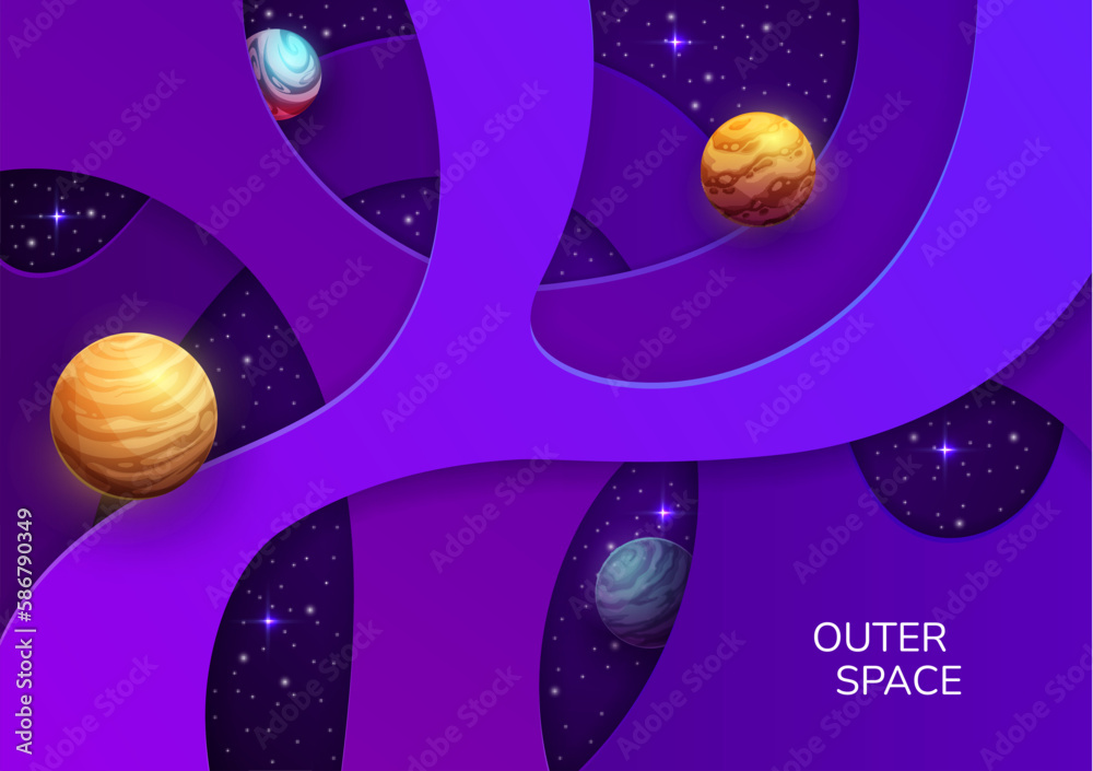 Poster space paper cut. cartoon starry galaxy planets and stars with vector 3d layered geometric shapes. cu