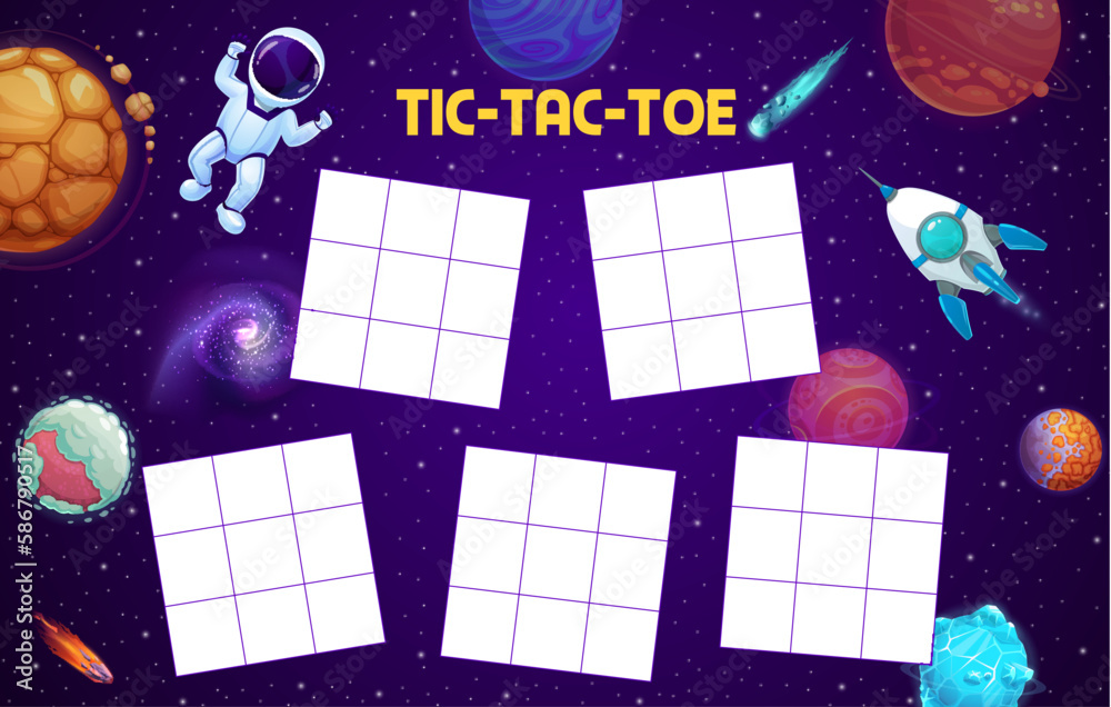 Poster tic tac toe worksheet with cartoon astronaut, space planets, rocket and stars, vector board game puz