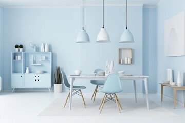 The room's decor is a simple, pastel blue monotone with furniture and other room accents. copy space on a light background. backdrops for presentations, websites, or picture frames. Generative AI