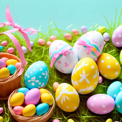 Fototapeta na wymiar Composition with easter symbols. Decorated eggs. Basket. Flowers. Grass. Generative AI.
