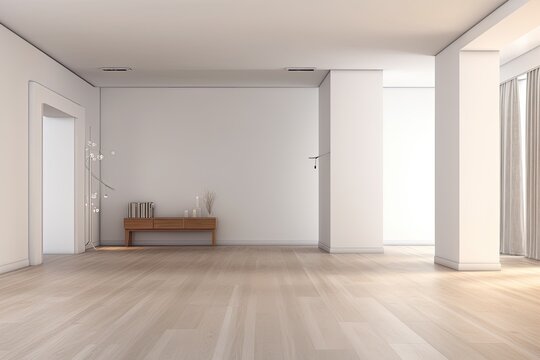 Fototapeta Model of an empty room with a white painted wall and parquet flooring. example of a living room that is empty for interior design. Generative AI