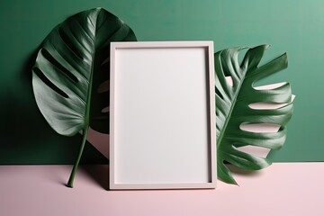a white frame with a green leaf is empty. Generative AI