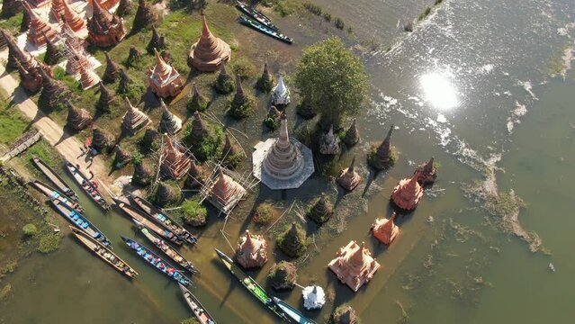 Shan State, Samkar, Stupas of Taw Mwe Khaung Pagoda, Aerial Wide Angle Looking Down, Beautiful Sunny Day