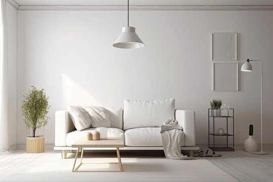 Modern living room with white walls and couch. Generative AI
