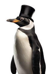 Naklejka premium a photographic illustration of a high-class penguin in a tuxedo with a top hat on a transparent background in PNG. T-Shirt Design. Animal Character. Generative AI