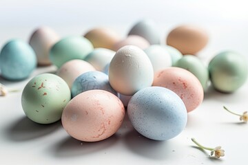 Pastel colored Easter eggs with a white background. Generative AI