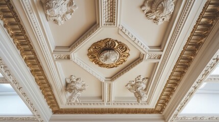 close up ceiling moulding detail of luxury house interior style complex of detail home interior concept, image ai generate - obrazy, fototapety, plakaty