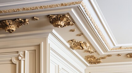 close up ceiling moulding detail of luxury house interior style complex of detail home interior concept, image ai generate - obrazy, fototapety, plakaty