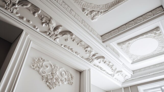 close up ceiling moulding detail of luxury house interior style complex of detail home interior concept, image ai generate