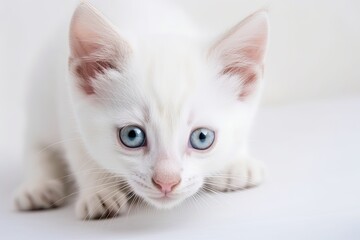 Fototapeta na wymiar a kitten with blue eyes that is white and from Britain or Scotland. on a white backdrop, play with the mouse. Generative AI