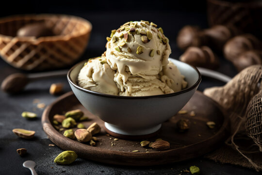 A bowl of creamy pistachio ice cream. generative AI.