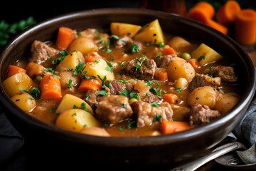 A close-up of a savory and hearty Irish stew. generative AI.