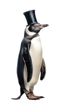 a photographic illustration of a high-class penguin in a tuxedo with a top hat on a transparent background in PNG. T-Shirt Design. Animal Character. Generative AI
