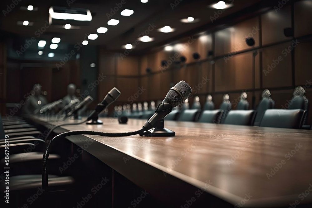 Wall mural Microphone stands on meeting room table. Generative AI