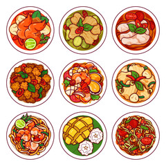 Thai food set menu icon top view vector. (Tom Yum Kung, Kaeng Kiew Waan Gai, Kaeng Phed Ped Yang,  Pad Kra Pao, Yum Talay Seafood, Tom Kha Gai, Pad thai Noodles, Khao Niaow Ma Muang, Som Tum) 