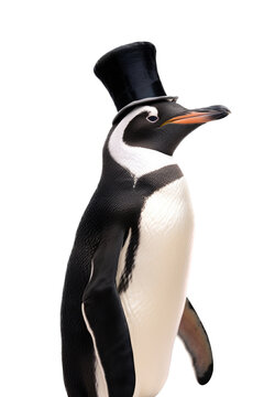 a photographic illustration of a high-class penguin in a tuxedo with a top hat on a transparent background in PNG. T-Shirt Design. Animal Character. Generative AI