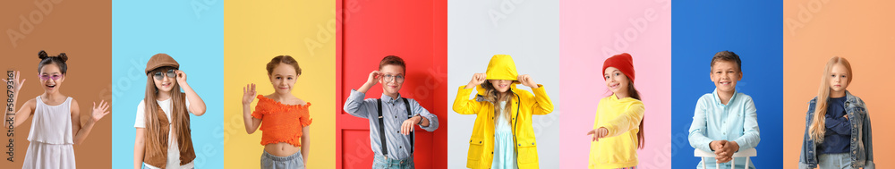 Sticker collage of fashionable little children on color background