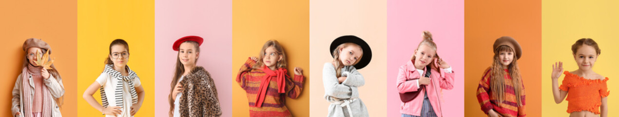 Collage of stylish little girls on color background
