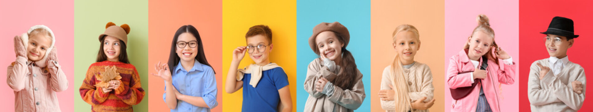 Group of stylish little children on color background
