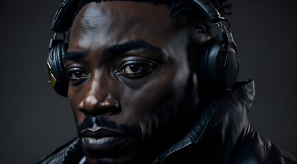 Fototapeta na wymiar Portrait of a black man with headphones. Generative AI