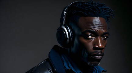 Portrait of a black man with headphones. Generative AI