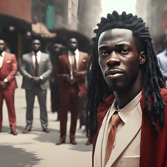 Portrait of a black man with dreadlocks and a red suit. Black men with suites in the background. Generative AI
