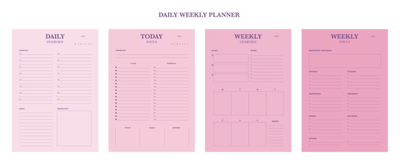 (pink) 4 set of Daily weekly Planner. Vector illustration.