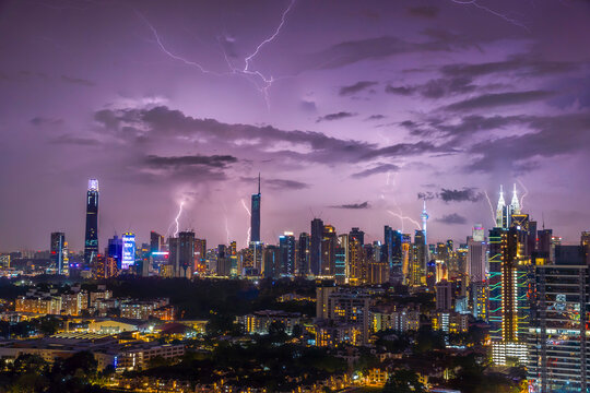 Stunning image of Kuala Lumpur, lit by dozens of lightning bolts during a severe thunderstorm