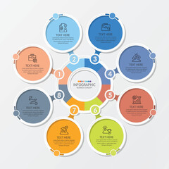 Basic circle infographic with 8 steps, process or options.