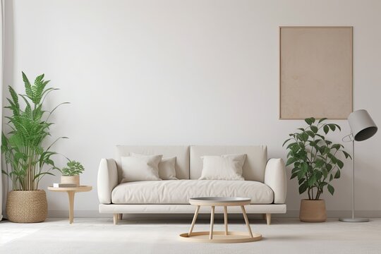 Bright living room mockup with couch, plant, and white wall. Generative AI