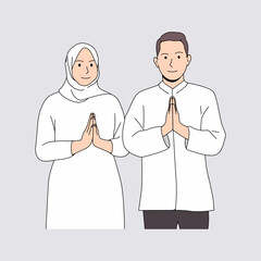 People celebrate Eid al-Fitr greeting gesture flat illustration design