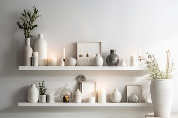 Fototapeta na wymiar Decorative white wall shelf. Luxury minimalist interior design. Scandinavian hygge decor. Fragrance, vase, books, candle, frames. Generative AI
